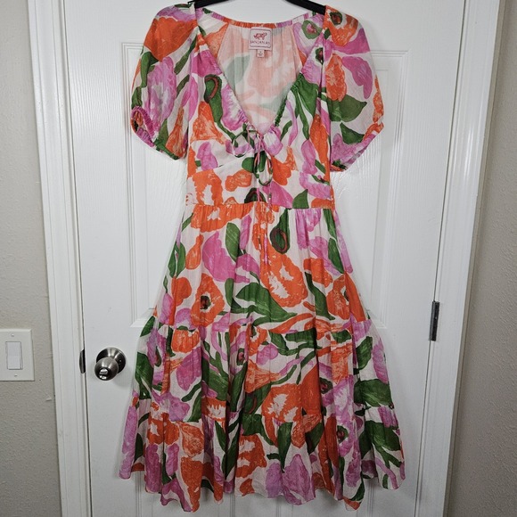 BANJANAN Euphoric Bloom Vivid Floral Flowy Cotton Dress Blouson Sleeve Small - Picture 2 of 11